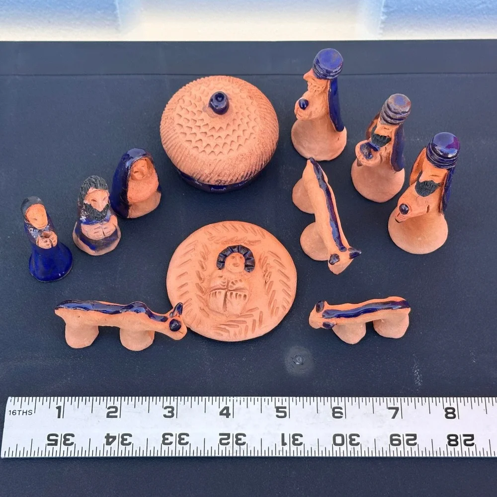 Blue Glaze Terrracota Mexican Nativity Set Folk Art Hand Painted Pottery 11 Pcs
